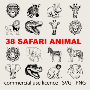 38 Safari Animals Svg Bundle, Realistic African Jungle Animal Svg Bundle, Alligator Monkey Zebra Svg Black And White Prints, Commercial Use