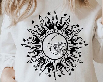 Celestial Sun Moon Svg, Cricut Wildflowers Svg, Celestial Sun Svg, Magical Moon Svg, Wildflower Svg Black And White Prints, Commercial Use