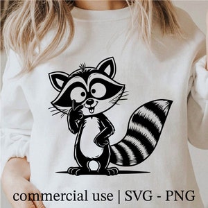 かわいいアライグマ SVG、アライグマ PNG、赤ちゃんアライグマ PNG、面白いアライグマ SVG、クールなアライグマ SVG の白黒プリント、商用利用ライセンス