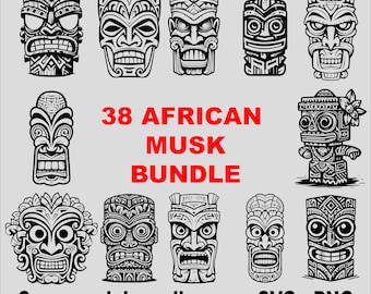 38 Unique African Mask Svg Bundle, African Mask Png Bundle, African Mask Silhouette, Cricut African Mask Svg Black and White, Commercial Use