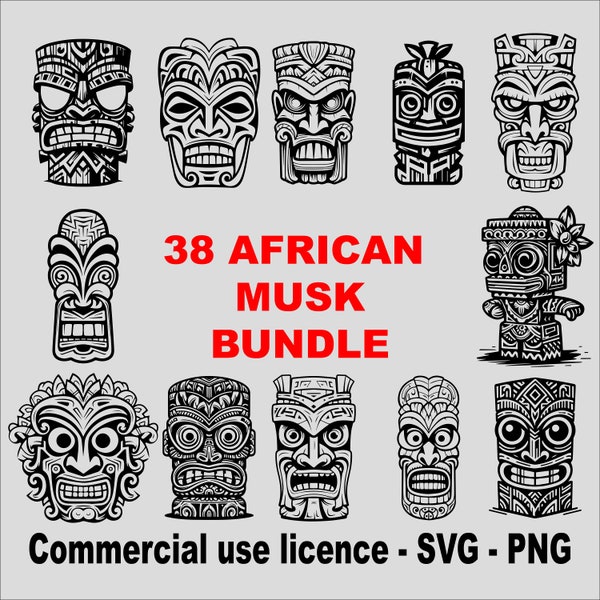 38 Unique African Mask Svg Bundle, African Mask Png Bundle, African Mask Silhouette, Cricut African Mask Svg Black and White, Commercial Use