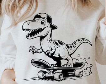 T-rex Skateboarding Svg, Skateboard Png,  Tyrannosaurus Clipart, Dino on Skateboard Svg, Dinosaur Lover Svg Black and White, Commercial Use