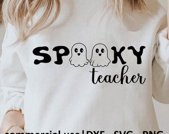 Leuke Spooky Teacher Svg, Ghost Teacher Png, grappige Halloween Svg voor Shirt, Spooky Teacher Svg zwart-wit print, licentie voor commercieel gebruik