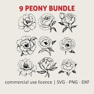 9 Peony Svg Bundle, Peony Flowers Svg Bundle Png, Peony Plant Bouquet Svg, Shirt Svg, Floral Black And White Prints, Commercial Use License