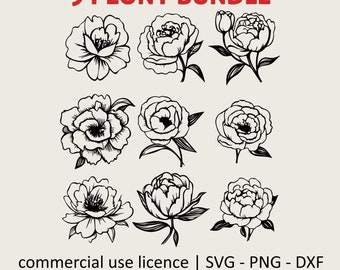 9 牡丹 SVG バンドル、牡丹の花 SVG バンドル PNG、牡丹の植物の花束 SVG、シャツ SVG、花柄の白黒プリント、商用利用ライセンス