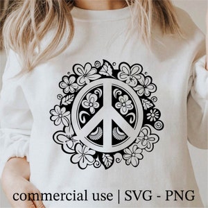 Floral Peace Sign Svg, Flowers With Peace Sign Png, Peace Sign Flower Clipart, Peace Sign Svg Black And White Prints, Commercial Use License