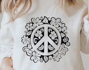 Bloemen vredesteken Svg, bloemen met vredesteken Png, vredesteken bloem Clipart, vredesteken Svg zwart-wit wordt afgedrukt, licentie commercieel gebruik