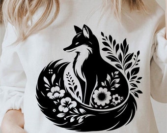 Floral Fox Svg, bloemen Fox Svg, Fox Clipart, Fox met bloemen Svg, schattige bloemen Fox Png, Fox Lover Svg zwart-wit, commercieel gebruik