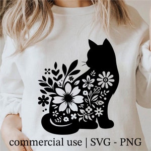 花柄猫SVG、花柄猫SVG、花柄動物PNG、猫シルエットクリップアート、かわいい猫PNG、猫好きの白黒SVG、商用利用