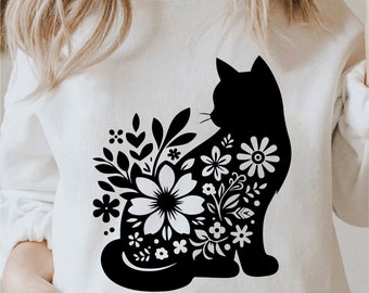 Floral Cat Svg, Flowers Cat Svg, Floral Animal Png, Cat Silhouette Clipart, Cute Cat Png, Cat Lover Svg Black and White, Commercial Use