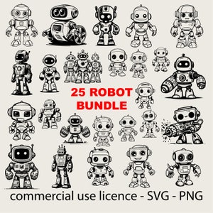 25 Designs Roboter SVG-Bundle, Android Roboter SVG, Spielzeug Roboter SVG, Roboterdesign, Cricut Roboter Design, Schwarz-Weiß-Druck, kommerzielle Nutzung
