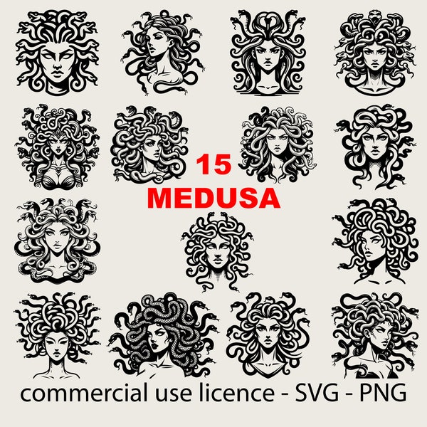 15 Pcs Medusa Svg Bundle, Medusa Png for Shirt Design, Cool Medusa Tattoo Design, Cricut Medusa Svg Black and White Print, Commercial Use