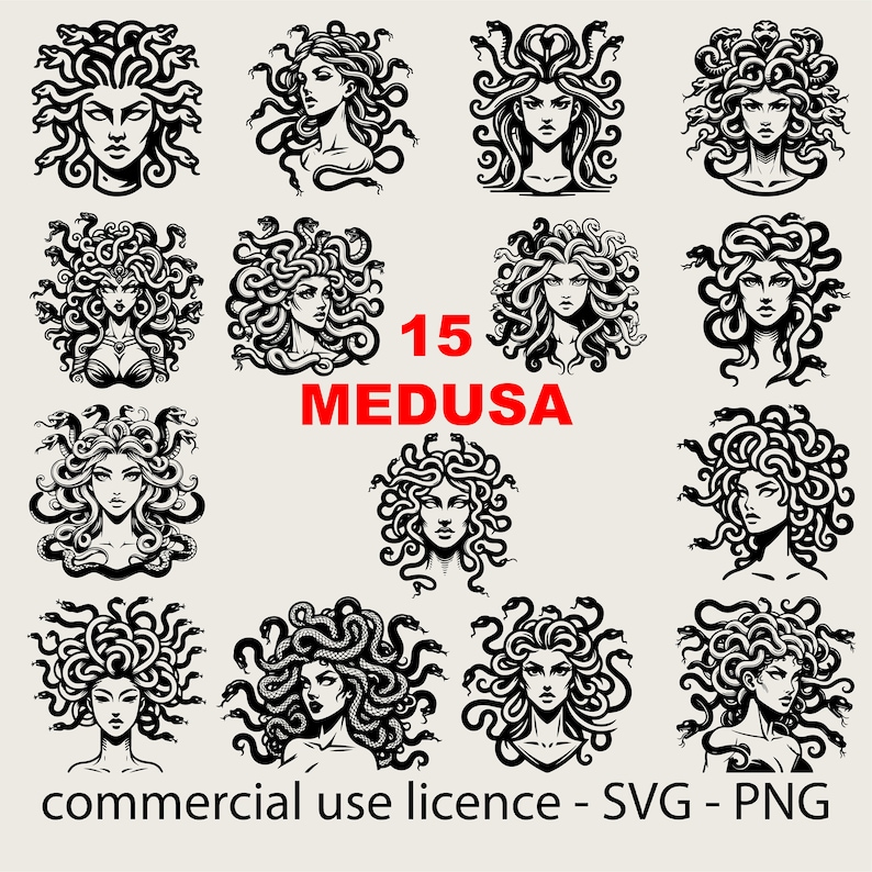 15 Pcs Medusa Svg Bundle, Medusa Png for Shirt Design, Cool Medusa Tattoo Design, Cricut Medusa Svg Black and White Print, Commercial Use image 1