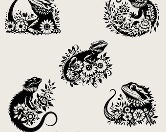 Floral Bearded Dragon Bundle SVG, Blumen Bearded Dragon SVG, Bearded Dragon Png, Bearded Dragon Lover svg schwarz und weiß, kommerzielle Nutzung