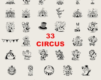 33 ontwerpen circus SVG bundel, carnaval png bundel, circus dieren clipart, Cricut circus SVG zwart-wit print, commercieel gebruik
