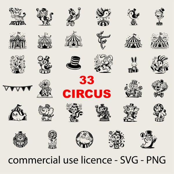 33 Designs Circus Svg Bundle, Carnival Png Bundle, Circus Animals Clipart, Cricut Circus Svg Black and White Print, Commercial Use