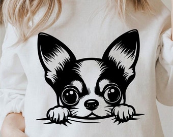 Peeking Chihuahua Dog Svg, Breed Peeking Dog Png, Playful Peeking Dog Svg, Cute Chihuahua Peeking Svg Black and White, Commercial Use