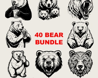 40 Design Bear Svg Bundle, Grizzly Bear Bundle Png, Bear Paw Cricut, Funny Bear Clipart, Bear Head Svg Black And White Print, Commercial Use