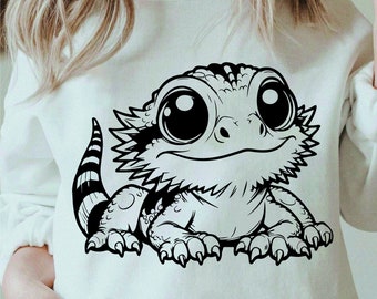 Lindo dragón barbudo svg, dragón barbudo png, bebé dragón barbudo svg, cricut reptil png impresión en blanco y negro, uso comercial