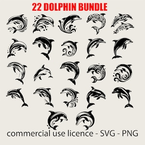Lot de 22 dauphins, Svg drôle d'animal marin, clipart Silhouette de dauphin, dauphin mignon Png, dauphin Svg noir et blanc, usage Commercial