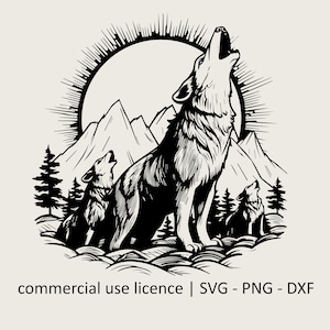 Lobo Svg, Lobo aullando Svg, Lobo aullando Png, Cricut Lobo Svg, Montaña Svg, Lobo Svg Impresiones en blanco y negro, Licencia de uso comercial