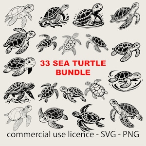 33 Cute Sea Turtle Svg Bundle, Tortoise Png, Cricut Sea Turtle Svg, Cricut Turtle Svg, Baby Sea Turtle Svg Czarno-biały, Komercyjne zastosowanie