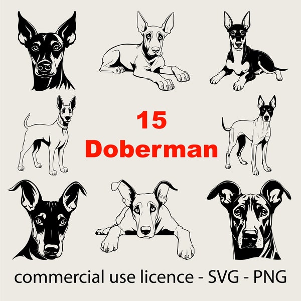 15 Dobermann Svg Bundle, Cool Dobermann Puppies Png, Dobermann Clipart, Dobermann Bundle Svg Black And White Prints, Commercial Use License