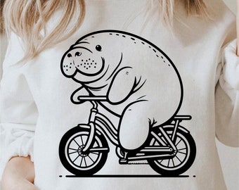 Cute Manatee Svg, Manatee Bicyclist Svg, Bicyclist Shirt Design, Eared Seal Svg, Cricut Sea Animal Svg Black and White, Commercial Use