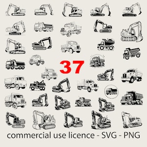 37 Unique Designs Excavator Svg Bundle, Backhoe Svg, Dump Truck Bundle Svg, Construction Truck Svg Black And White, Commercial Use