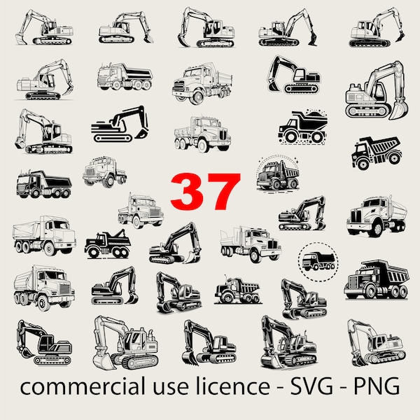 37 Unique Designs Excavator Svg Bundle, Backhoe Svg, Dump Truck Bundle Svg, Construction Truck Svg Black And White, Commercial Use