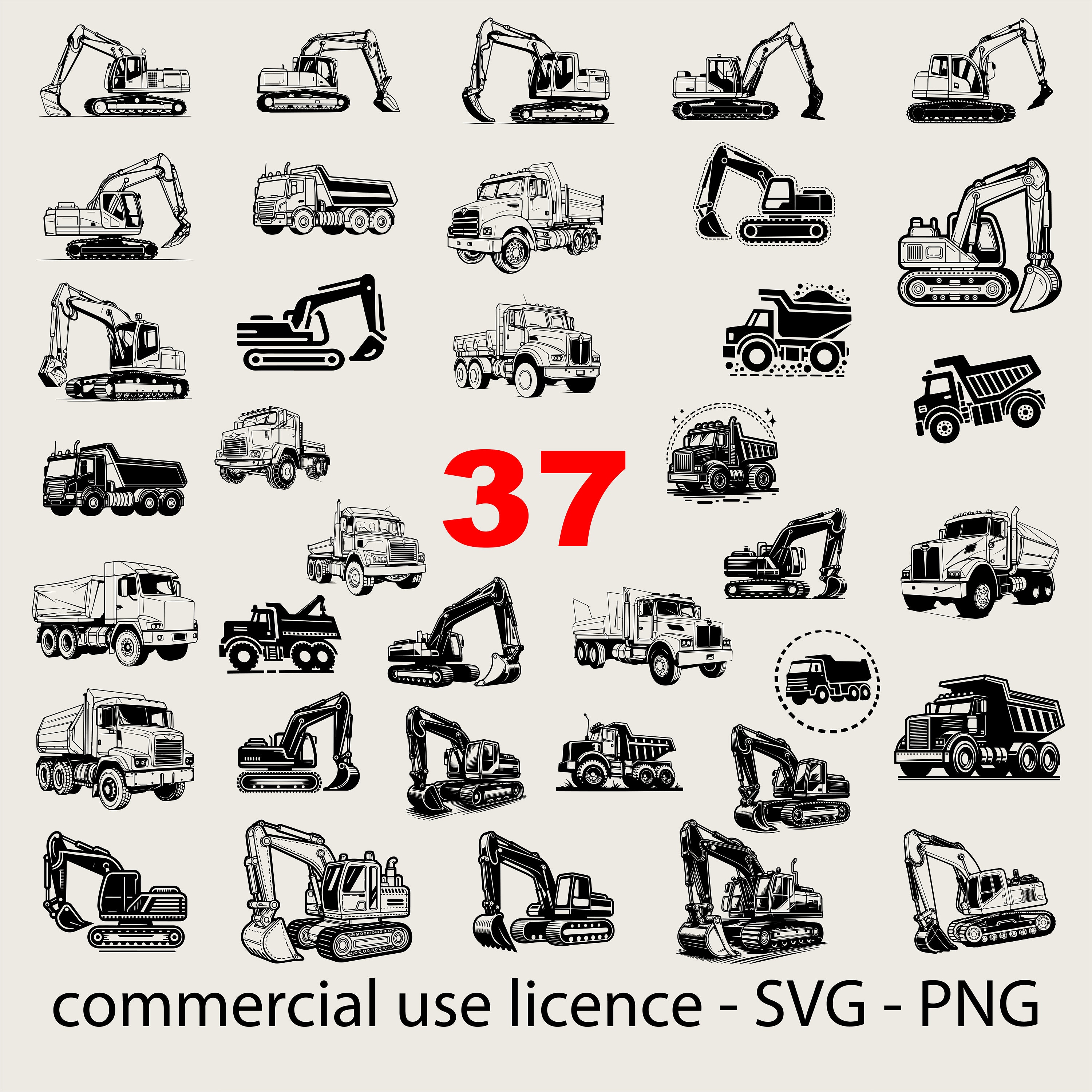 37 Unique Designs Excavator Svg Bundle, Backhoe Svg, Dump Truck Bundle Svg, Construction Truck Svg Black And White, Commercial Use
