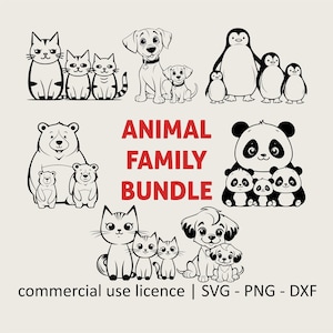 ペンギンファミリーバンドルSVG、ママベアSVG、かわいい猫ファミリーSVG、犬のママSVGバンドル、動物の白黒プリント、商用利用ライセンス