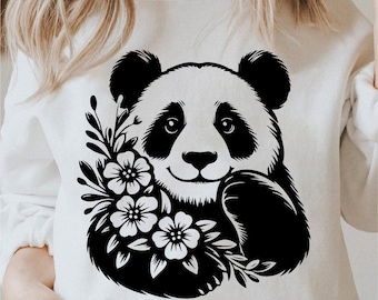 Floral Panda Svg, Flowers Panda Svg, Cute Panda Png, Panda Clipart, Panda with Flowers Svg, Panda Lover Svg Black and White, Commercial Use