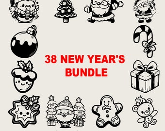 Enorme kerstbundel Svg, grote Nieuwjaar Svg-bundel, kerstman Svg, kerstversieringen Svg, kerstboom Svg zwart-wit, commercieel gebruik