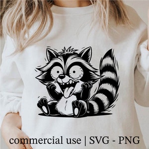 かわいいアライグマ SVG、アライグマ PNG、赤ちゃんアライグマ PNG、面白いアライグマ SVG、クールなアライグマ SVG の白黒プリント、商用利用ライセンス