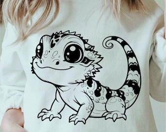 Lindo dragón barbudo svg, dragón barbudo png, bebé dragón barbudo svg, cricut reptil png impresión en blanco y negro, uso comercial