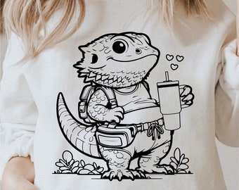 Bearded Dragon Drinking Water Svg, Cute Bearded Dragon Png, Bearded Dragon Lover Svg, Reptile Png Black And White Print, Commercial Use
