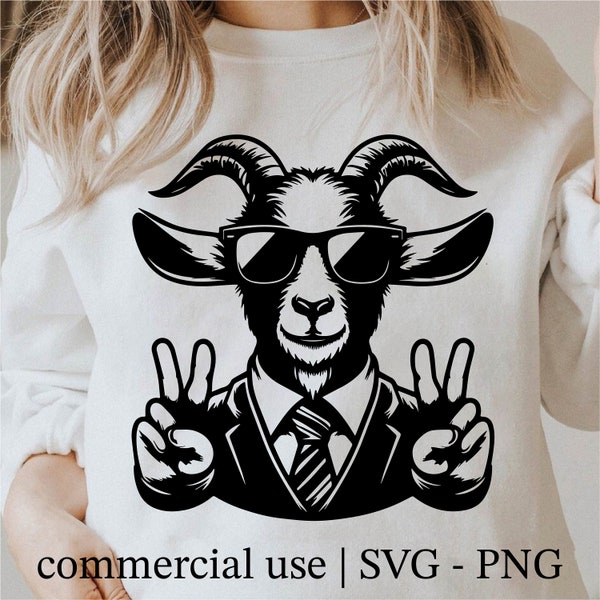 Cool Goat Svg, Funny Goat Svg, Goat with Sunglasses Svg, Funny Goat Clipart, Cricut Peace Hand Sign Svg Black and White, Commercial Use