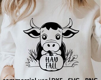 Hay Fall Svg para camisa, cita de otoño divertida svg, otoño svg para camisa, linda vaca svg, hay fall svg impresión en blanco y negro, licencia de uso comercial