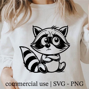 かわいいアライグマ SVG、アライグマ PNG、赤ちゃんアライグマ PNG、面白いアライグマ SVG、クールなアライグマ SVG の白黒プリント、商用利用ライセンス