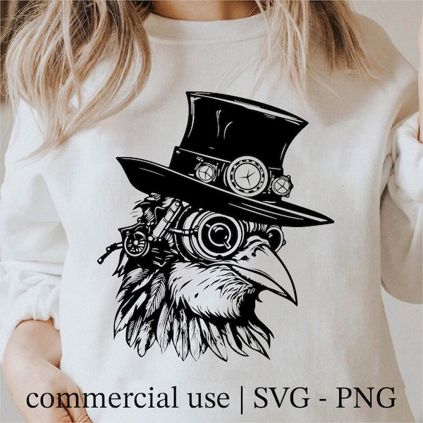 Steampunk Crow In Top Hat With Goggles Gears Svg, Steampunk Raven Svg, Cricut Steampunk Svg Black And White Print, Commercial License