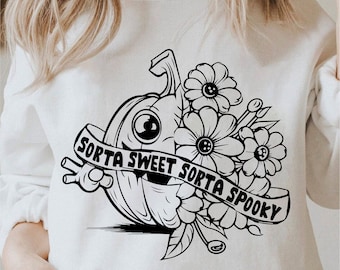 Sorta Sweet Sorta Spooky Svg, Spooky Season Svg, Flower Pumpkin Svg, Funny Halloween Svg Impressão em preto e branco, Uso comercial