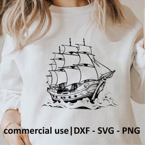 Pirate Ship Svg, Png, Dxf, Ship on Wave Svg, Pirate Ship on Ocean Svg, Nautical Svg, Png, Black Ship Svg, Commercial Use License