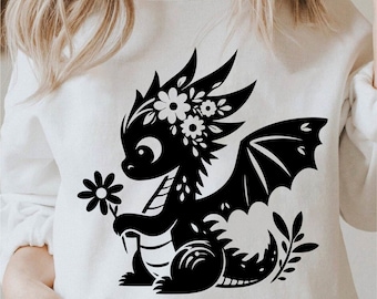 Floral Baby Dragon Svg, Flowers Dragon Svg, Floral Dragon Png, Dragon Silhouette Clipart, Dragon Lover Svg Czarno-biały, Zastosowanie komercyjne