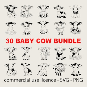 30 pcs Cute Sitting Cow Bundle Svg, Baby Cow Bundle Svg, Cute Sitting Cow Bundle Png, Cricut Cow Svg Black And White Prints, Commercial Use