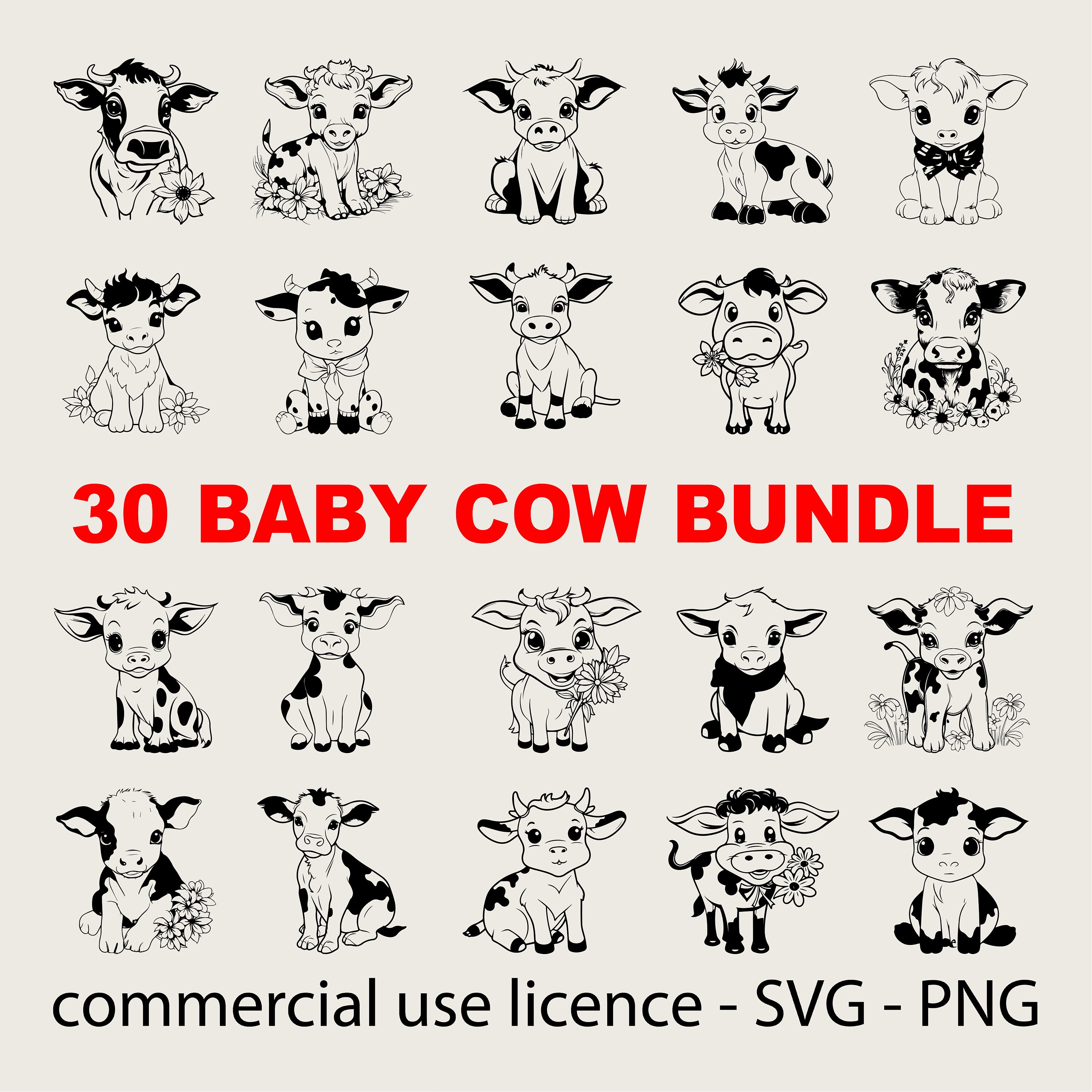 30 pcs Cute Sitting Cow Bundle Svg, Baby Cow Bundle Svg, Cute Sitting Cow Bundle Png, Cricut Cow Svg Black And White Prints, Commercial Use