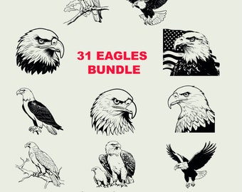 ハクトウワシ バンドル SVG、素朴なワシ SVG バンドル、アメリカン ワシ SVG、ワシ バルク SVG、クリカット ワシ SVG 白黒プリント、商用利用