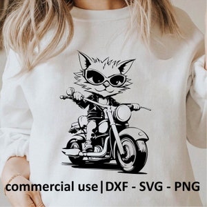 Motorcycle Cat Rider Svg Png Dxf, Motorbike Cat Driver Svg, Cute Cat Father Svg, Bikers Svg, Black and White Prints, Commercial Use License