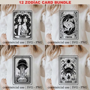 12 Paquete Zodiaco Svg, Cartas del Tarot Png, Horóscopo Svg, Clipart Amante de la Astrología, Acuario, Piscis, Libra, Géminis, Tauro, Escorpio, Sagitario