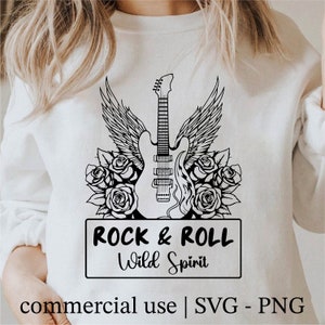 Wild Spirit Svg, Rock And Roll Svg, Boho Floral Guitar Svg, Rose Flower Guitar Png, Rock And Roll Svg Black And White Print, Commercial Use